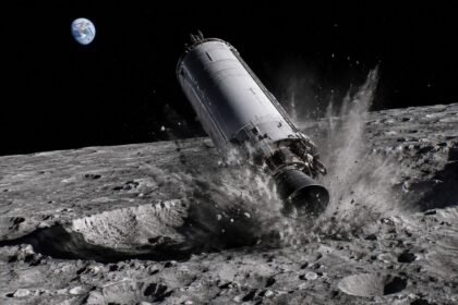 Discarded SpaceX Falcon 9 upper stage crashing into the Moon near a rugged crater