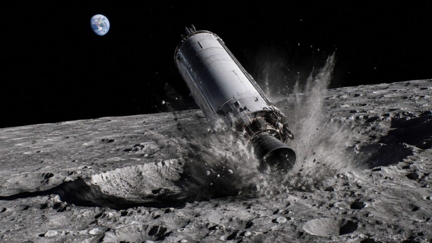 Discarded SpaceX Falcon 9 upper stage crashing into the Moon near a rugged crater