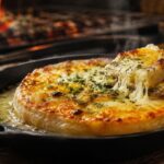 A rustic cast-iron skillet holding a bubbling, golden-brown Argentine provoleta al horno, with a fork lifting a stretchy, melted piece of cheese seasoned with herbs.