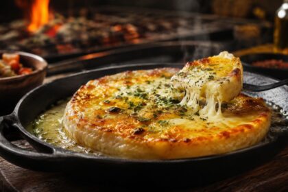 A rustic cast-iron skillet holding a bubbling, golden-brown Argentine provoleta al horno, with a fork lifting a stretchy, melted piece of cheese seasoned with herbs.