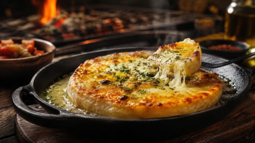 A rustic cast-iron skillet holding a bubbling, golden-brown Argentine provoleta al horno, with a fork lifting a stretchy, melted piece of cheese seasoned with herbs.