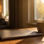 Closed laptop with steaming coffee mug on wooden desk in sunlit home office, representing work-life balance for remote workers