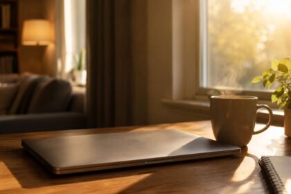 Closed laptop with steaming coffee mug on wooden desk in sunlit home office, representing work-life balance for remote workers