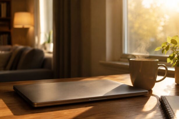 Closed laptop with steaming coffee mug on wooden desk in sunlit home office, representing work-life balance for remote workers
