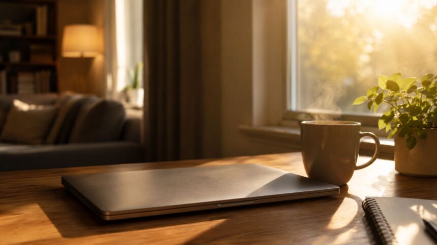 Closed laptop with steaming coffee mug on wooden desk in sunlit home office, representing work-life balance for remote workers