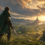 Zelda Ocarina of Time remake inspired fantasy hero overlooking Hyrule-style castle at sunset