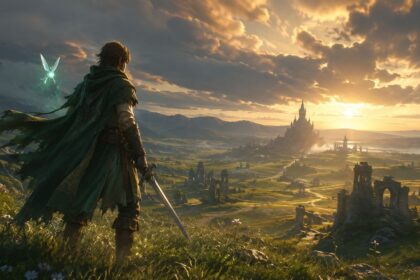 Zelda Ocarina of Time remake inspired fantasy hero overlooking Hyrule-style castle at sunset