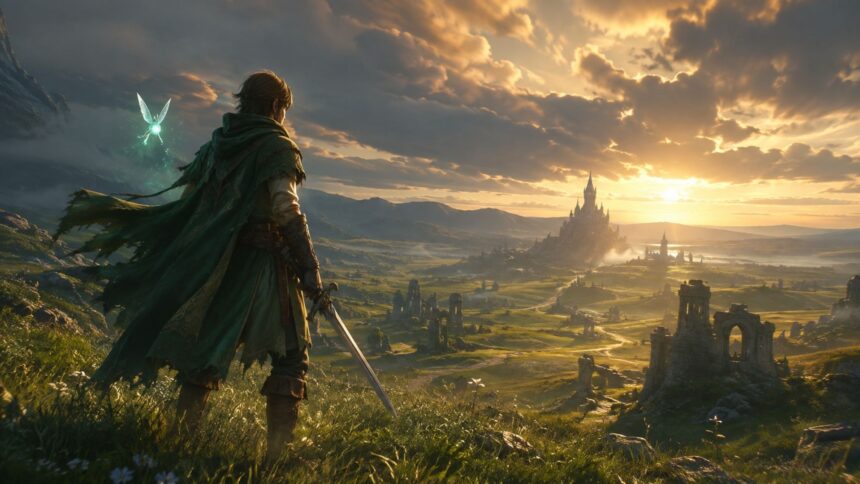 Zelda Ocarina of Time remake inspired fantasy hero overlooking Hyrule-style castle at sunset